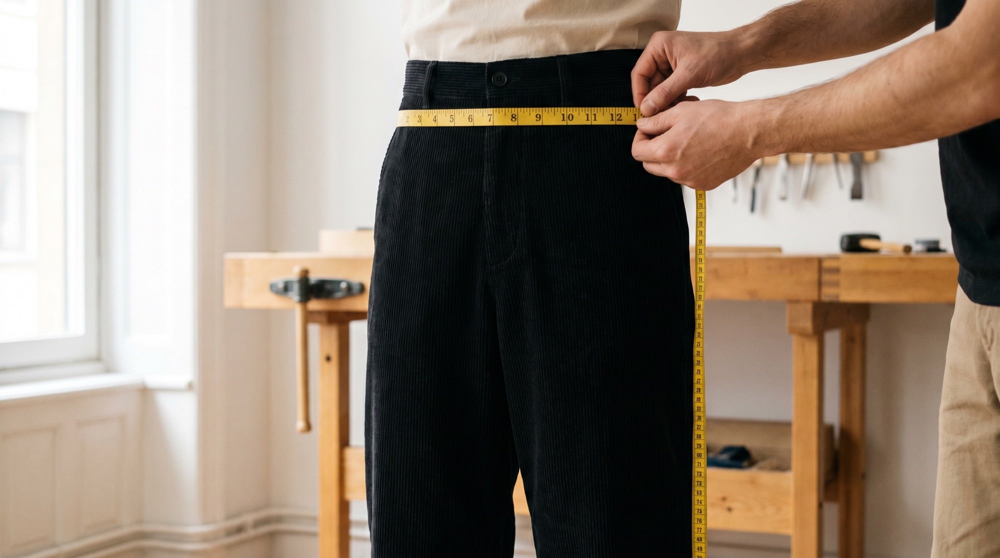 Schneider nimmt an einer schwarzen Zunfthose aus Cord Maß, Taille und Beinlänge mit dem Maßband