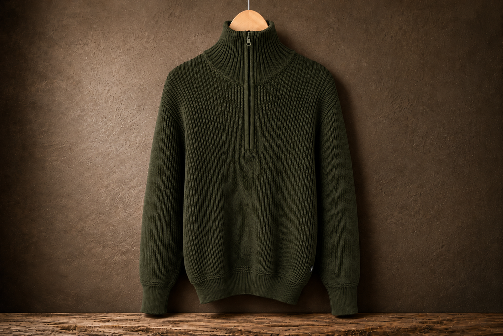 Troyer in Oliv, robuster Strickpullover mit kurzem Reißverschluss – mit geschlossenem Reißverschluss