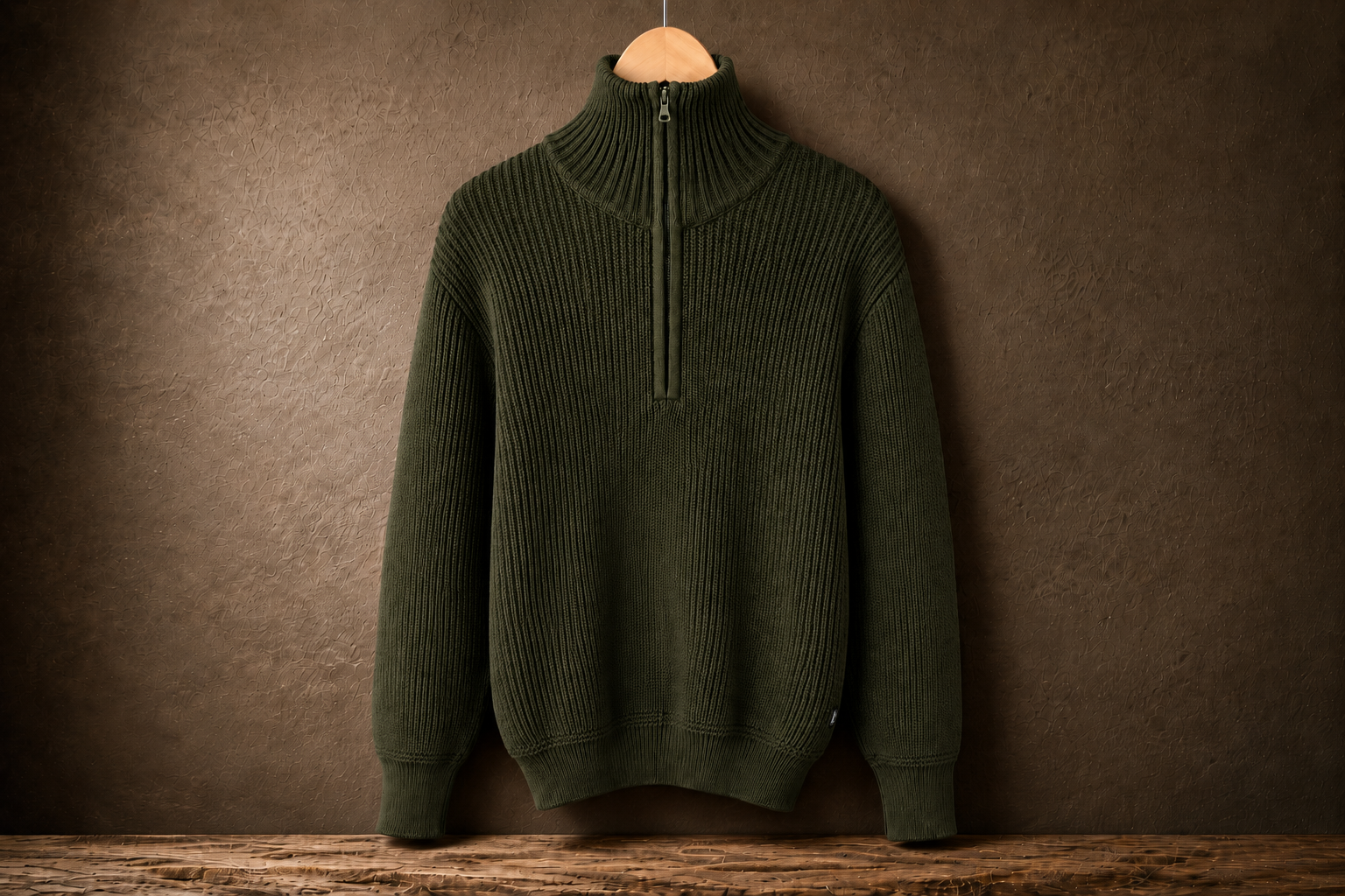 Troyer in Oliv, robuster Strickpullover mit kurzem Reißverschluss – mit geschlossenem Reißverschluss