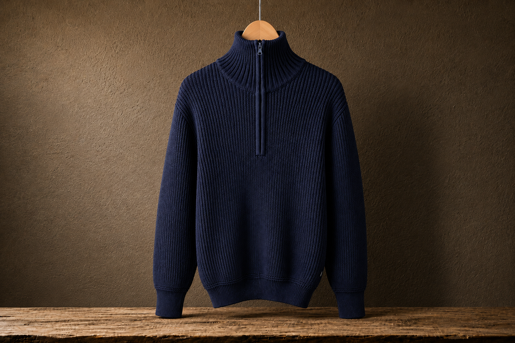 Troyer in Marineblau, Waffelstrick-Pullover mit kurzem Reißverschluss – mit geschlossenem Reißverschluss