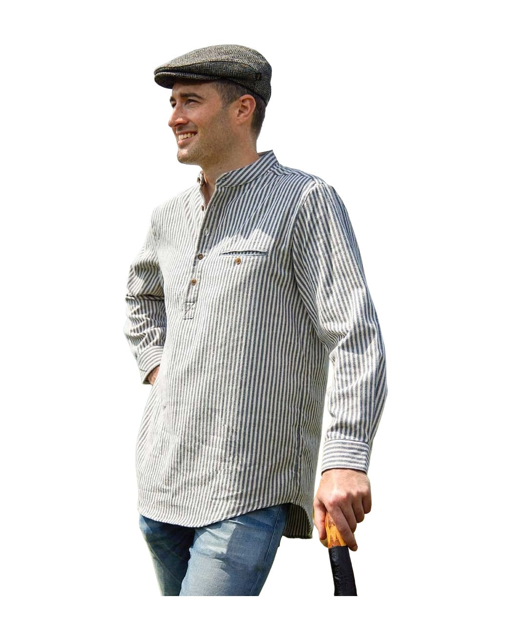 Men's Flannel Grandfather Shirt - Dark Blue and Cream Stripe (LVC)