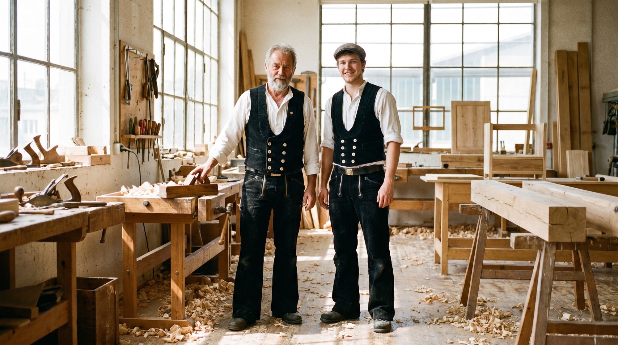 Meister und Geselle in Zunftkluft in der Werkstatt