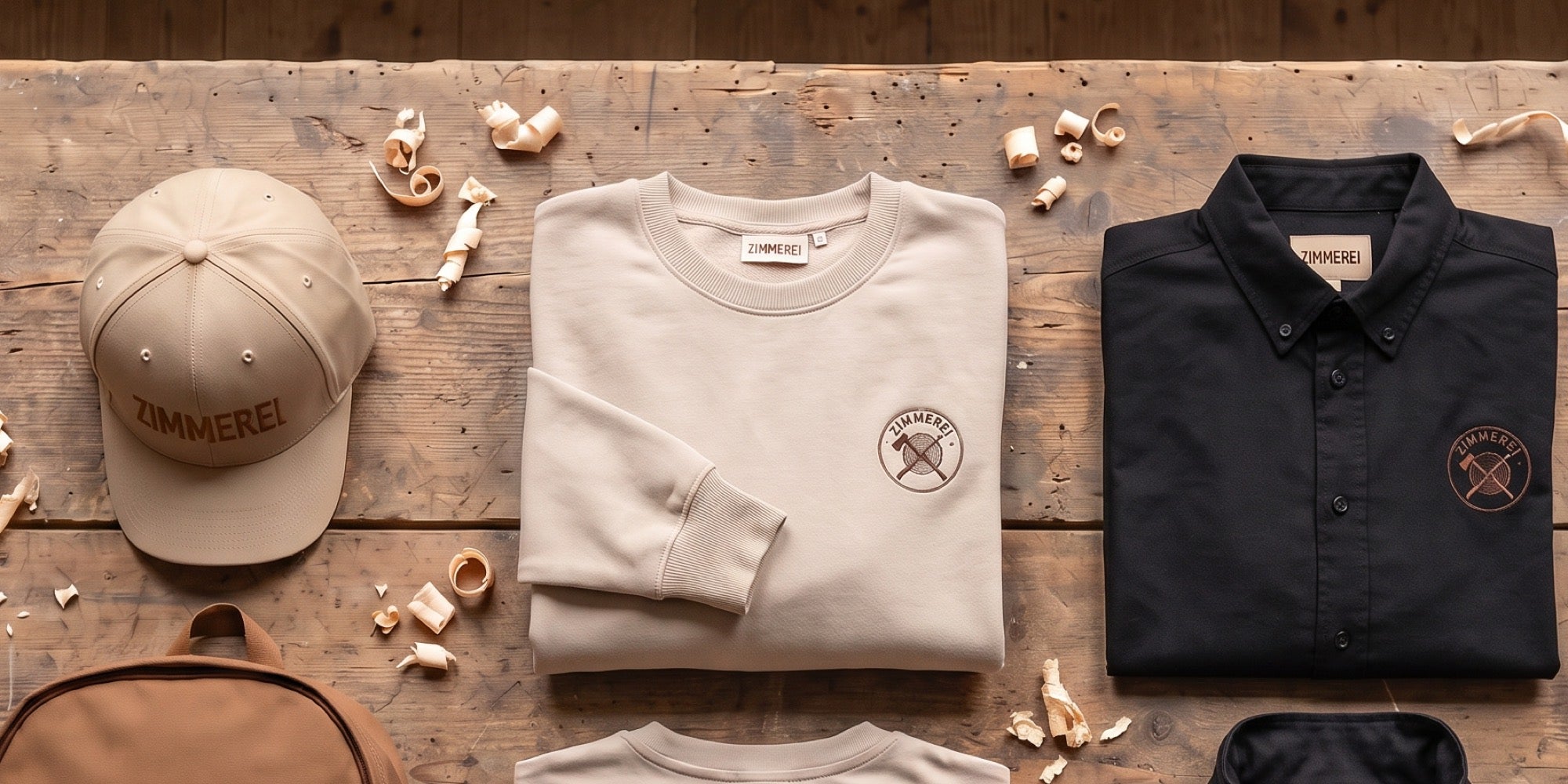 Cap, Sweatshirt und Hemd mit gesticktem Firmenlogo auf einer Werkbank