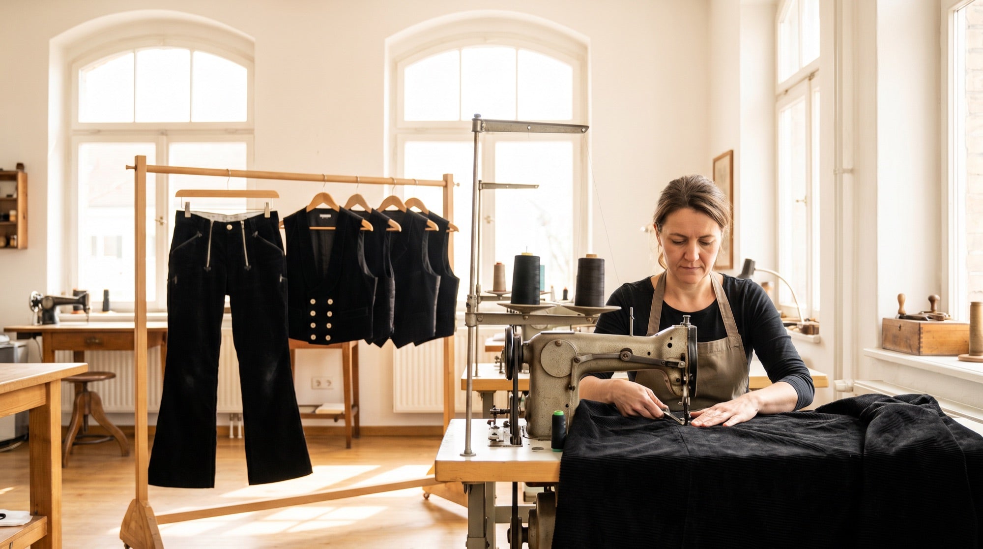 Naeherin an der Maschine in der Original-Veddel-Werkstatt